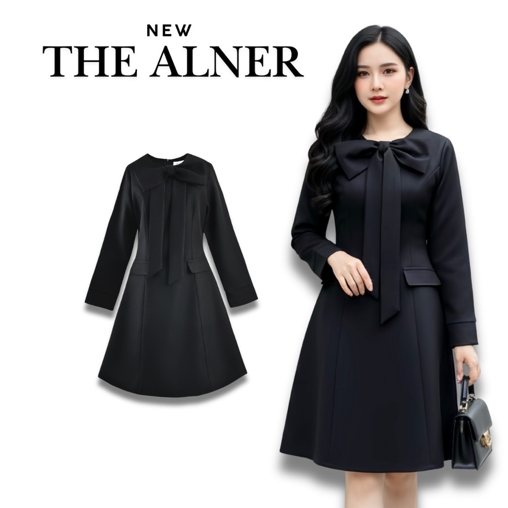 Thealner-AN479 (เดรสดำแขนยาวแต่งโบว์หน้า)