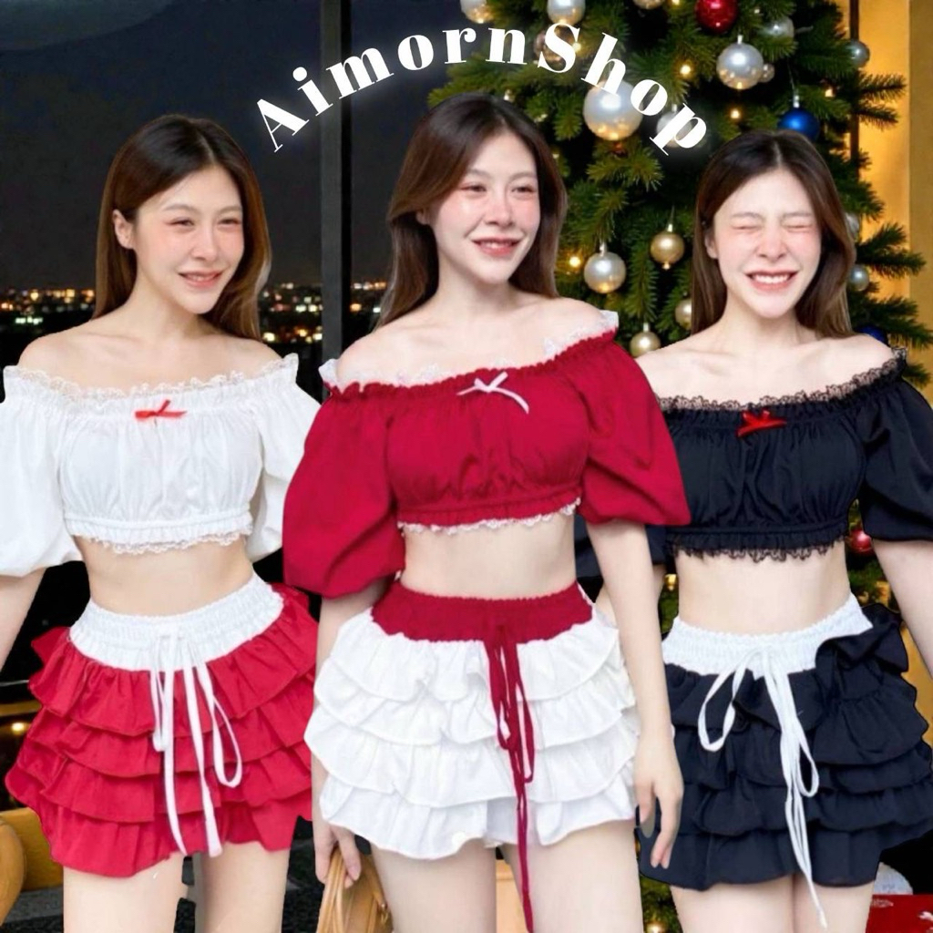 🔥aimorn_shop🔥เสื้อครอปแขนบอลลูน แต่งขอบลูกไม้ แมทช์ใส่กับกระโปรง ตัวโปรดน่ารักมาก