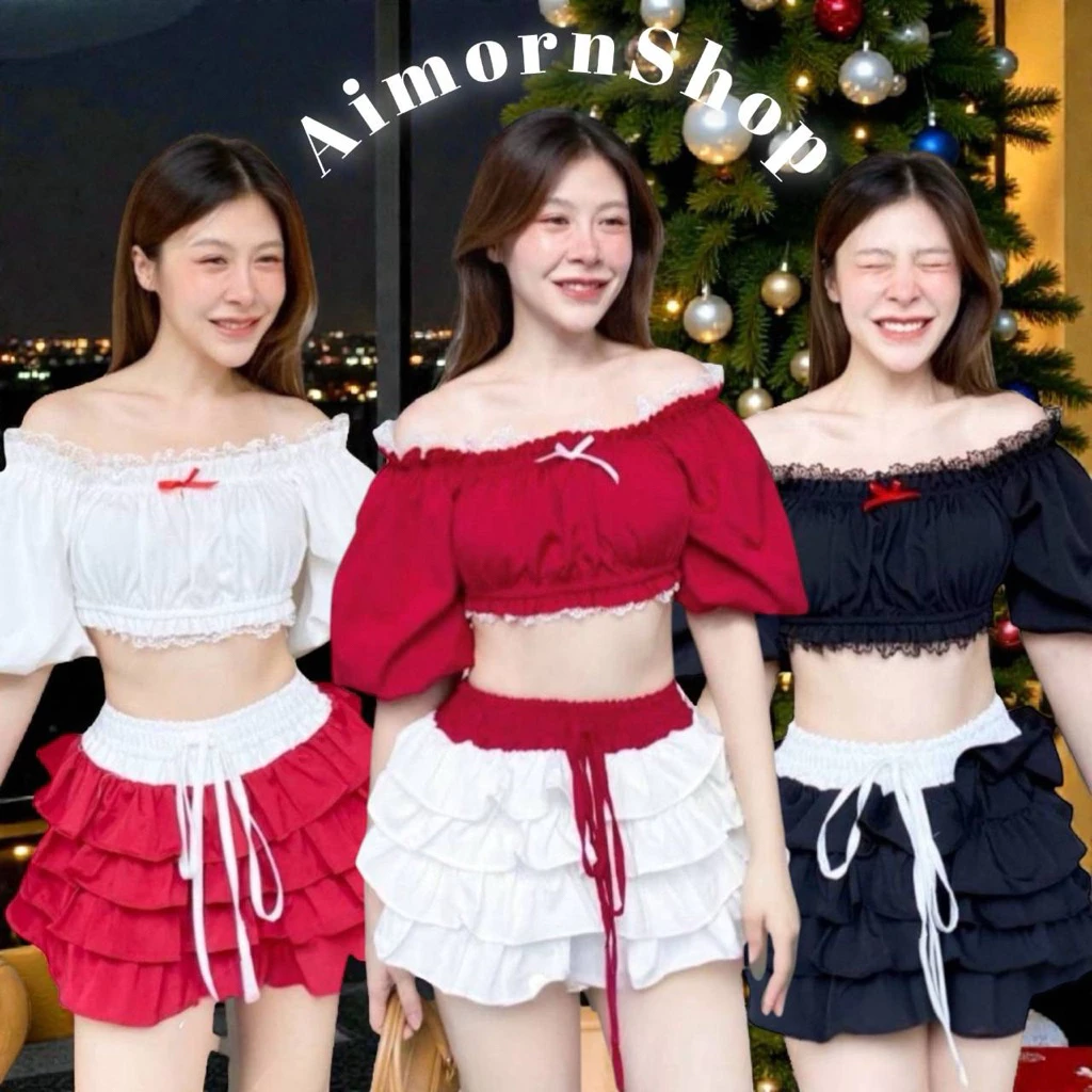 🔥aimorn_shop🔥เสื้อครอปแขนบอลลูน แต่งขอบลูกไม้ แมทช์ใส่กับกระโปรง ตัวโปรดน่ารักมาก