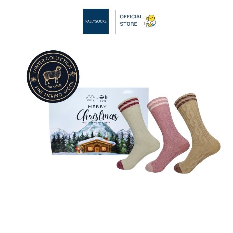 Pally ถุงเท้ากันหนาวขนแกะเมอริโน่ แบบบาง Wool ลาย Old School classic cable ไซส์ผู้ใหญ่ 1 คู่ หรือ Giftset