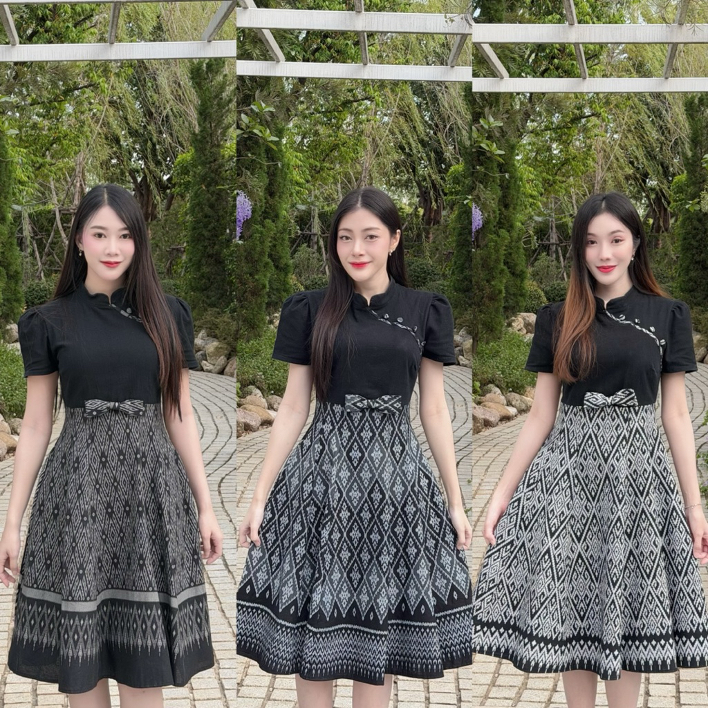 TANTANOD-รหัสTL77 เดรสคอจีนกระโปรงบานแต่งโบว์จิ๋ว