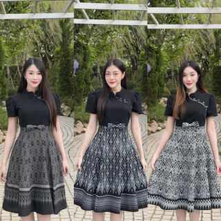 TANTANOD-รหัสTL77 เดรสคอจีนกระโปรงบานแต่งโบว์จิ๋ว