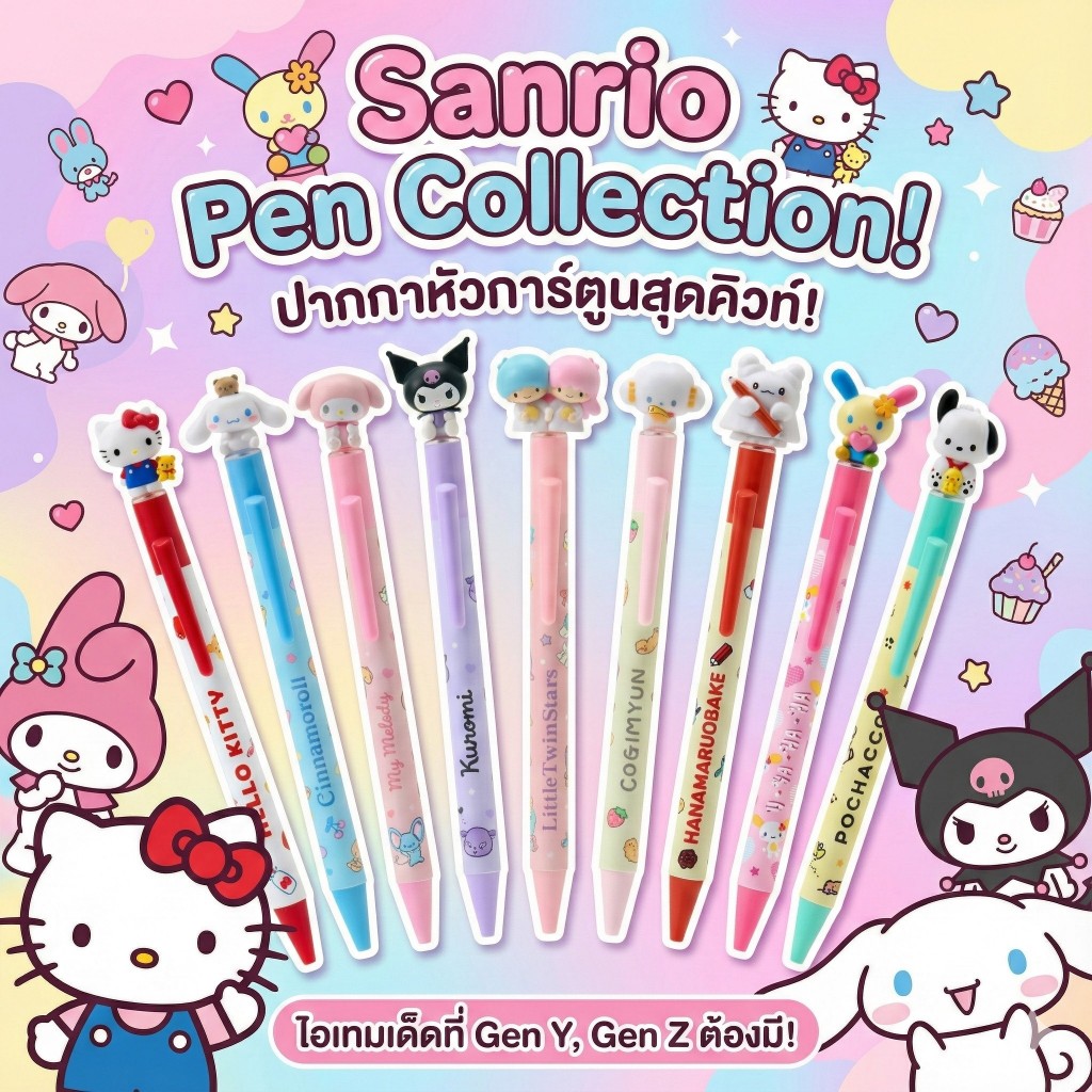 ปากกาลายลิขสิทธิ์ ปากกาลูกลื่นหัวการ์ตูน Sanrio Disney หมึกสีดำทุกด้าม ปากกาหัวการ์ตูนขยับได้ มีไส้เปลียน สินค้าญี่ปุน