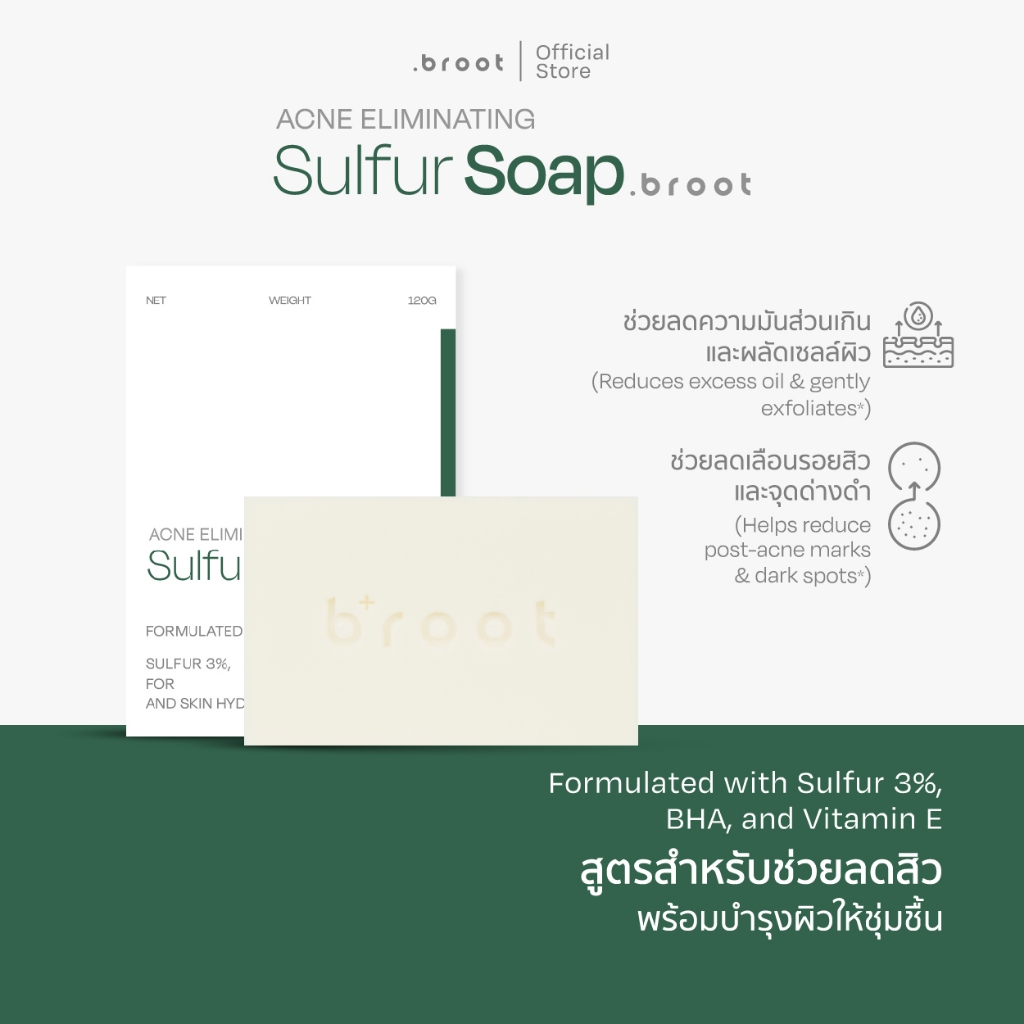 Broot Acne Eliminating Sulfur Soap แอคเน่ อีลิมิเนทติ้ง ซัลเฟอร์ โซฟ 120g. สบู่ลดสิวสำหรับผิวกาย