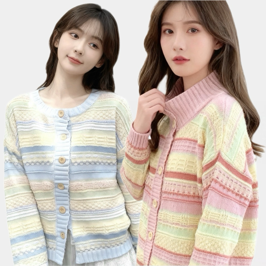 SGH0243 เสื้อคลุมคาร์ดิแกน เสื้อไหมพรมแขนยาว ลายทาง แบบกระดุม ผ้าหนานิ่ม น่ารัก