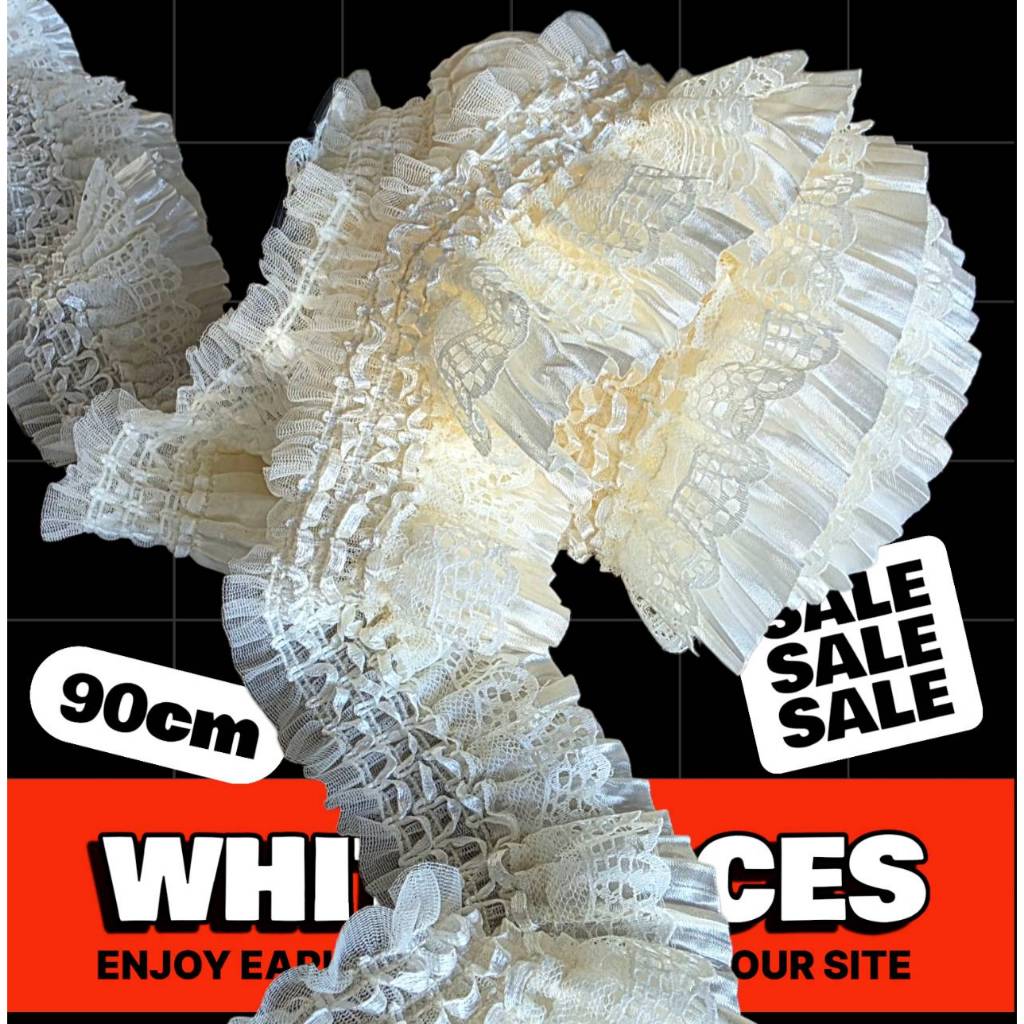 1y 90cm ผ้าลูกไม้ ตกแต่ง อัดพลีท ผ้าแก้วริมระบาย สีครีม ใช้สำหรับตกแต่งชิ้นงาน LACE77011