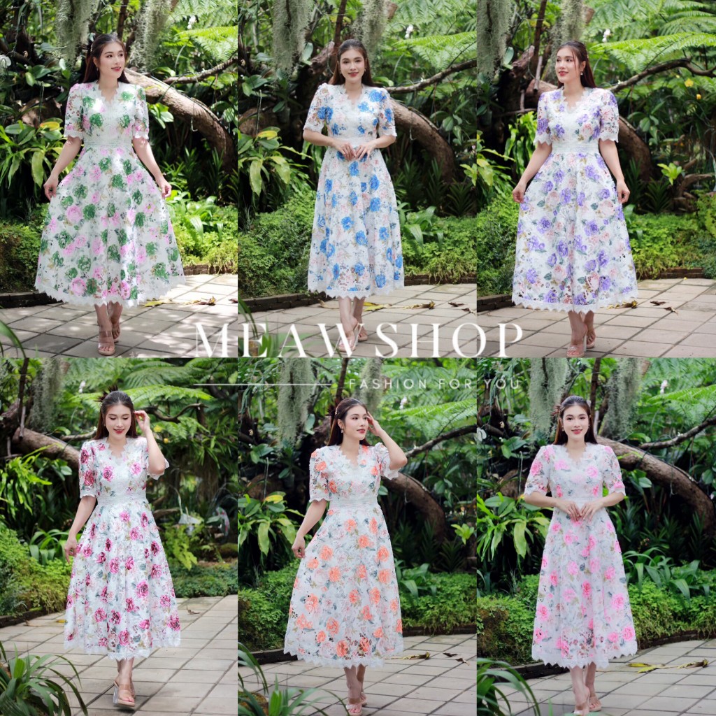 L-6XL Maxi dress ผ้าลูกไม้พิมพ์ลาย คอวี ชุดสาวอวบ อ้วน ชุดใส่ทำบุญ ลูกไม้ ชุดไปวัด ชุดงานหมั้น ชุดไป