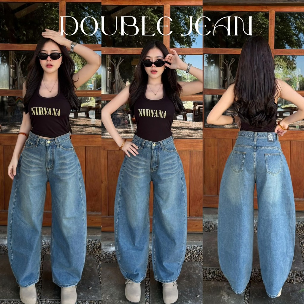 DBJ กางเกงยีนส์ทรงบาเรลแซมโค้งสีสนิมอ่อน ป้าย ON THE WAY แต่งหนวดด้านหน้า ทรงโค้ง [S-XL]