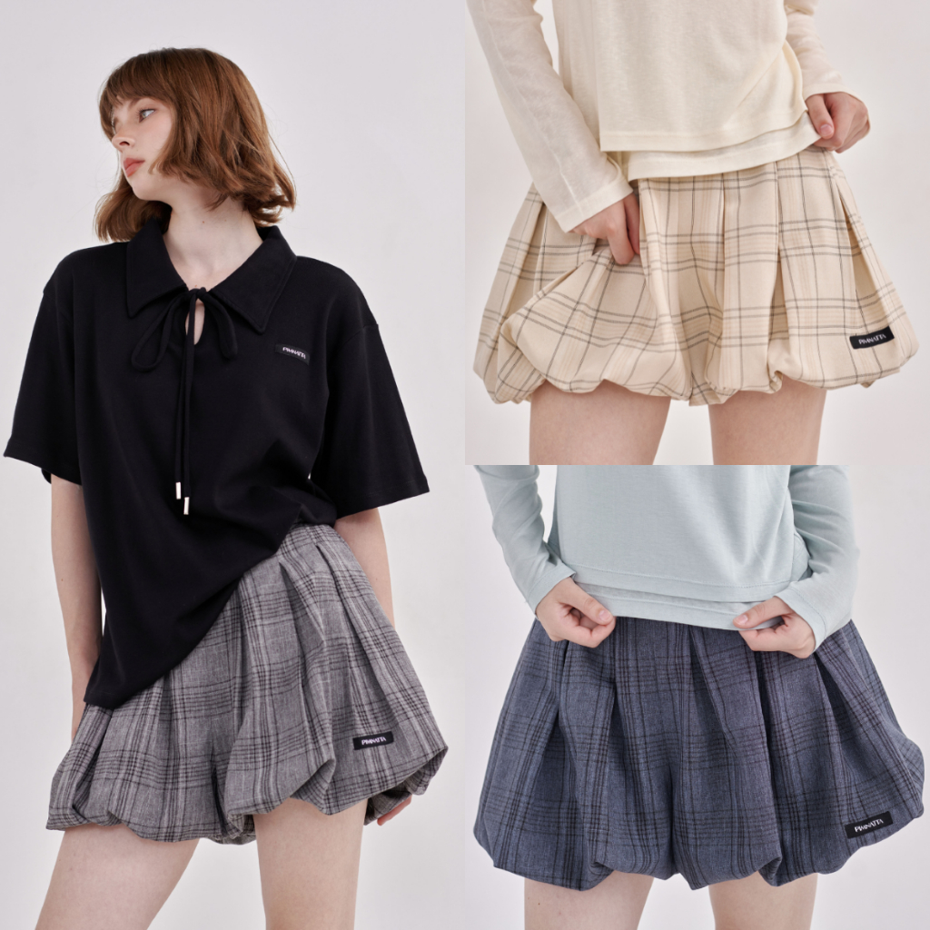 PIMNATTA Nadine Skort กางเกงกระโปรงบอลลูนลายตาราง แปะโลโก้แบรนด์ สไตล์เกาหลี (🔥ใช้คูปองลด 25% ได้)