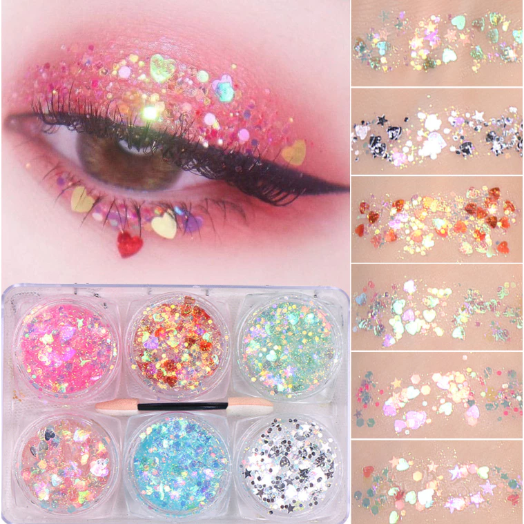พร้อมส่ง อายแชโดว์ กลิตเตอร์แต่งหน้า 1 พาเลท 6 ตลับ มีกาวในตัว เจลกากเพชร แต่งหน้า แต่งผม