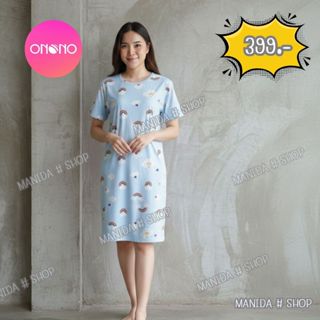 ONONO ชุดนอนกระโปรงแขนสั้น  🌸 ผ้า Cotton Spandex พิมพ์ลายทั้…