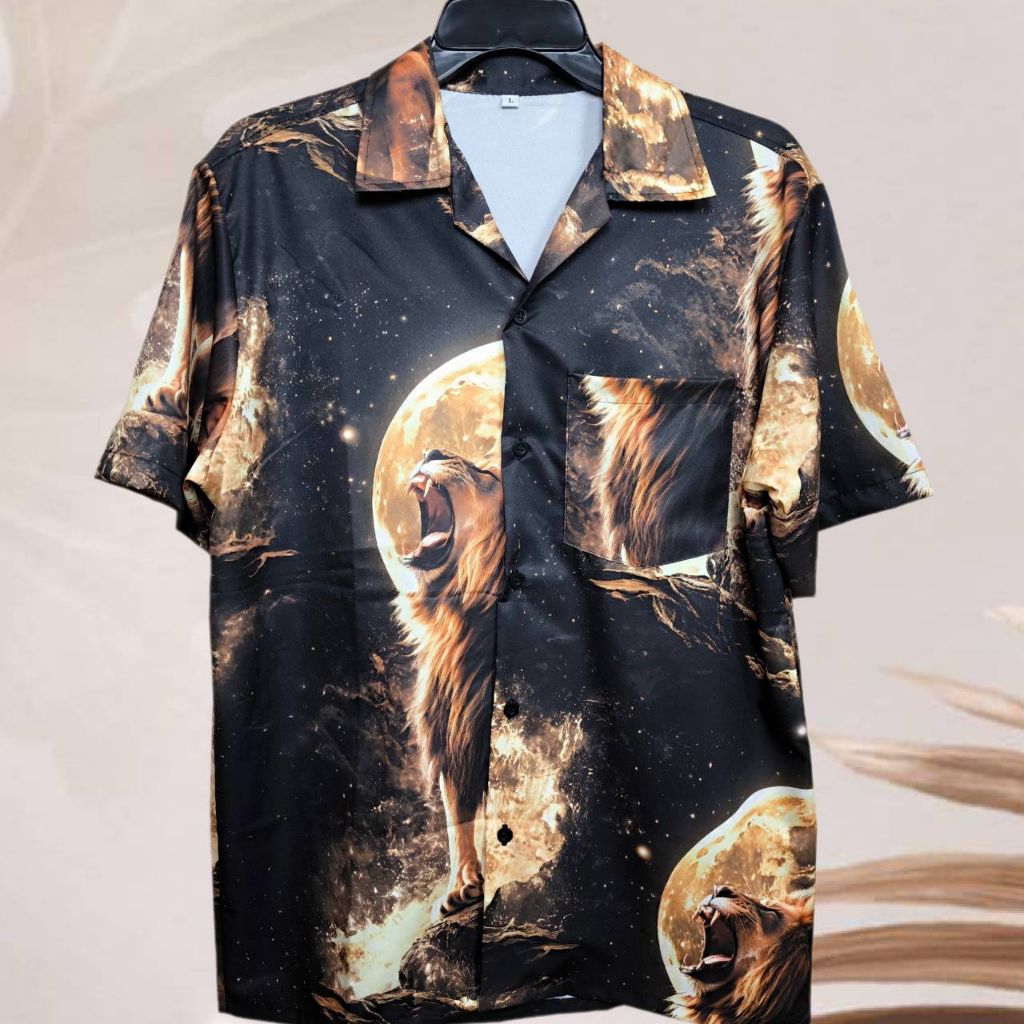 เสื้อเชิ้ตฮาวาย ลายสิงโตดวงจันทร์  (พื้นสีดำ) ผ้าไหมอิตาลี