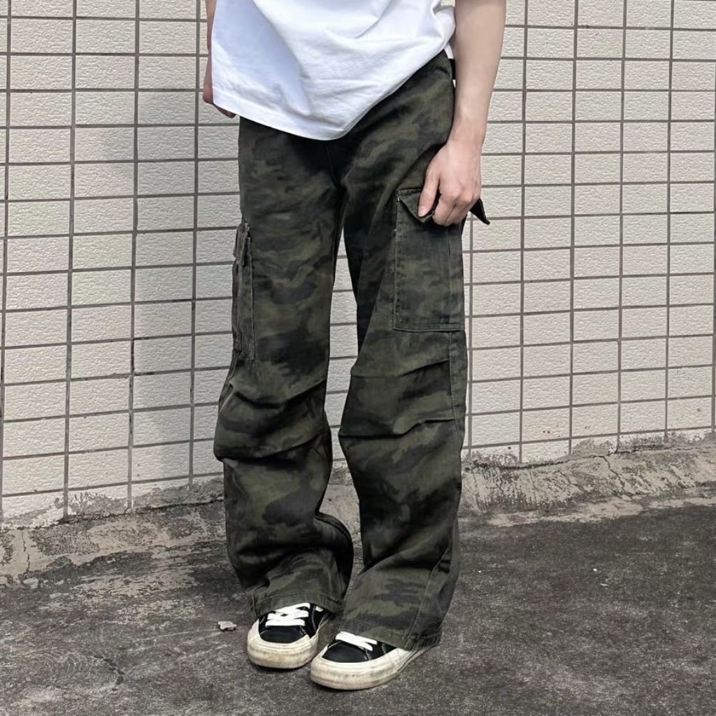 Camo Baggy กางเกงยีนส์ลายพราง ทรงกระบอกใหญ่