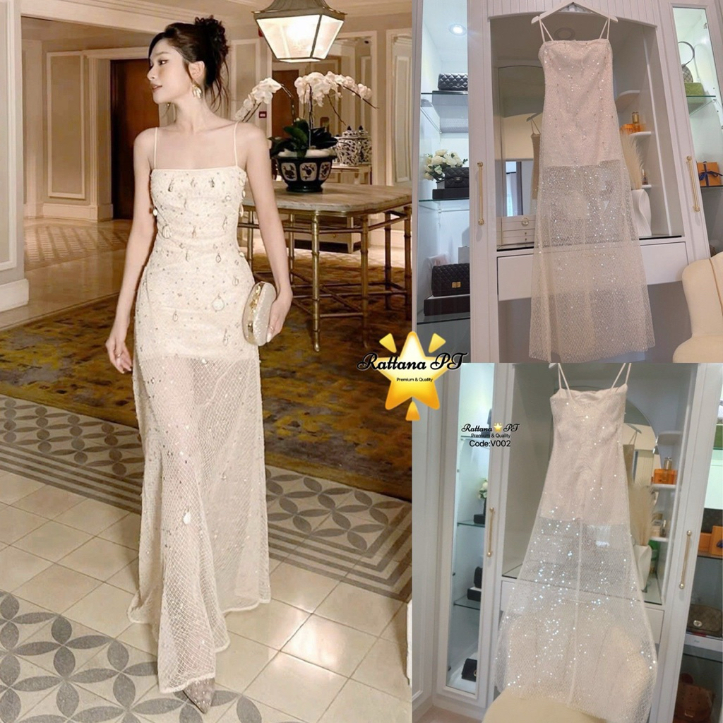 Rattana ✅ทักเช็คของก่อนกดสั่ง: เดรสยาวสีครีมอ่อน ทรงสวยมาก ดีเทลแต่งอะไหล่ สวยหรูดูแพง (SML XL)24/11