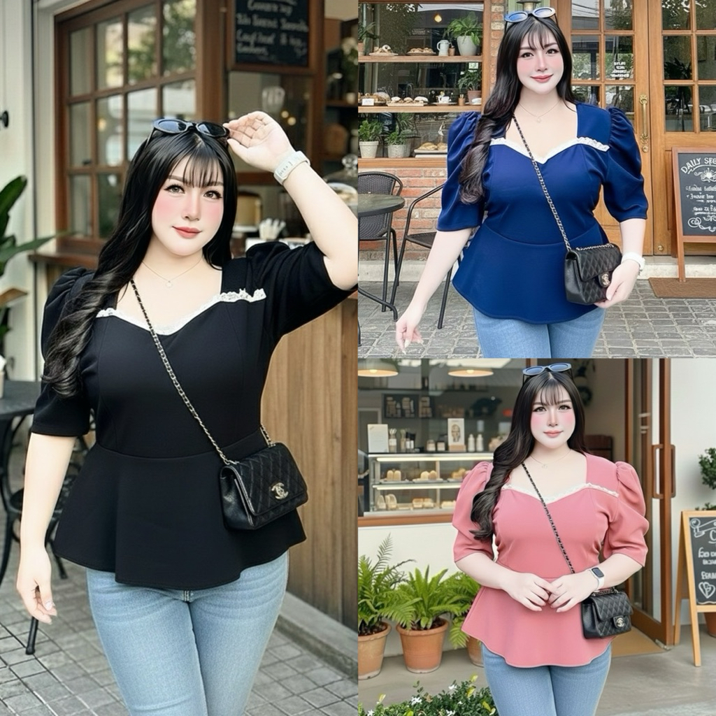 เสื้อไหล่ยกแต่งลูกไม้ สาวอวบอ้วนใส่ทำงาน ใส่ออกงาน สวยมาก อก50