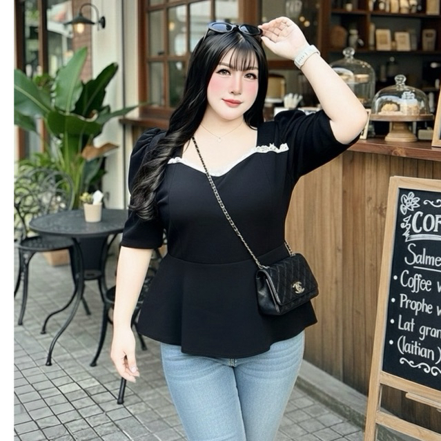 เสื้อไหล่ยกแต่งลูกไม้ สาวอวบอ้วนใส่ทำงาน ใส่ออกงาน สวยมาก อก50 - รูปที่ 2