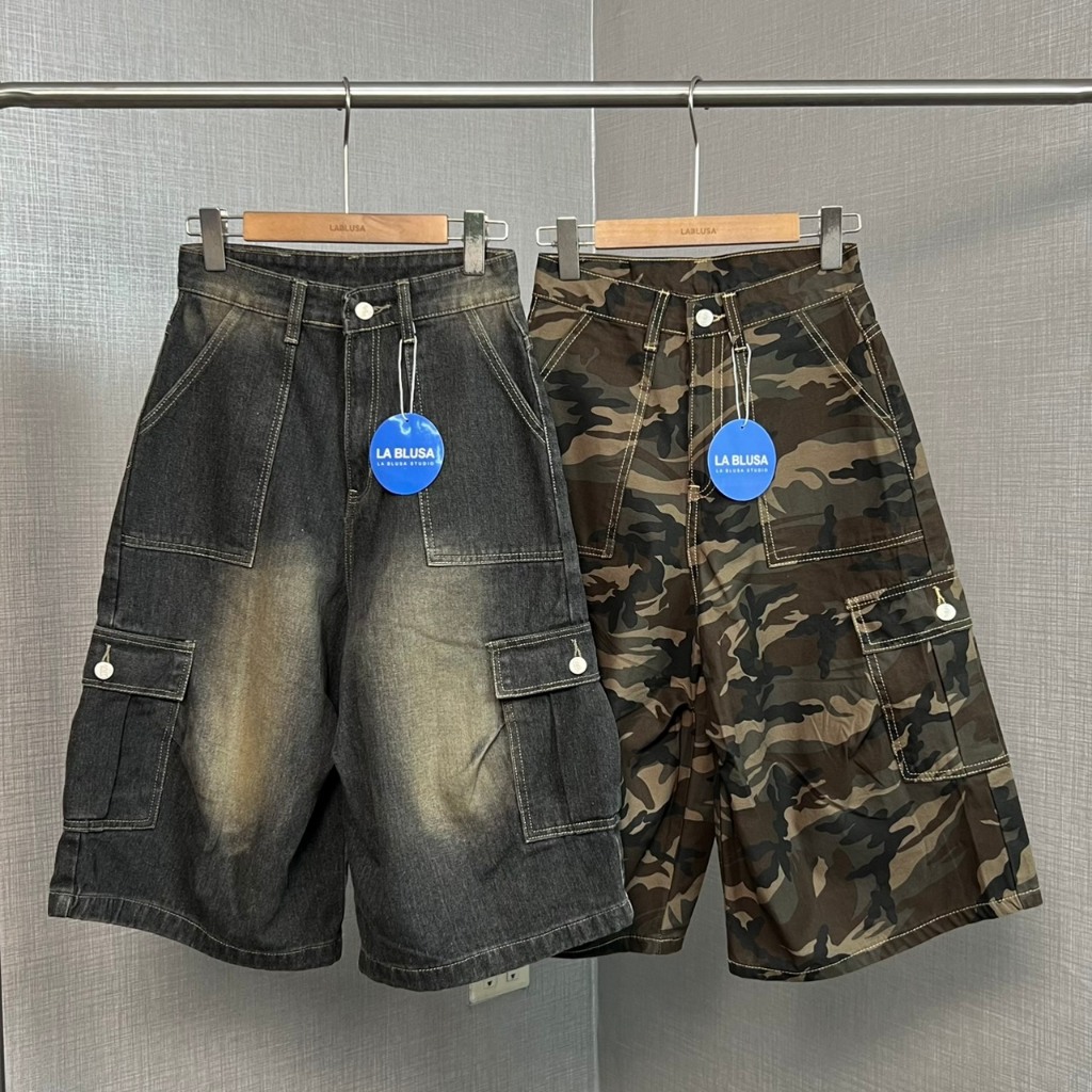 LABLUSA - LBS347 : กางเกงขา5ส่วนกระเป๋าคาร์โก้แนวสตรีท (Unisex)