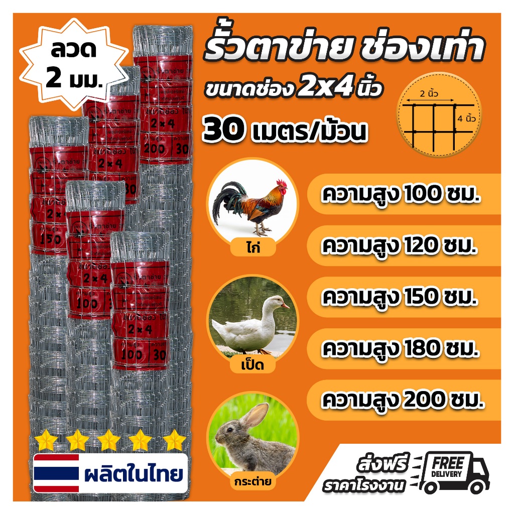 รั้วตาข่ายแรงดึงสูง ช่อง 2×4 นิ้ว ความยาว 30 ม ความสูง 1.00-2.00ม ล้อมพื้นที่ ล้อมรั้ว  แถมลวดมัด 1.8 มม 1กก. ราคา ถูกที่สุด ดีลบีเคเค รูปภาพหลัก