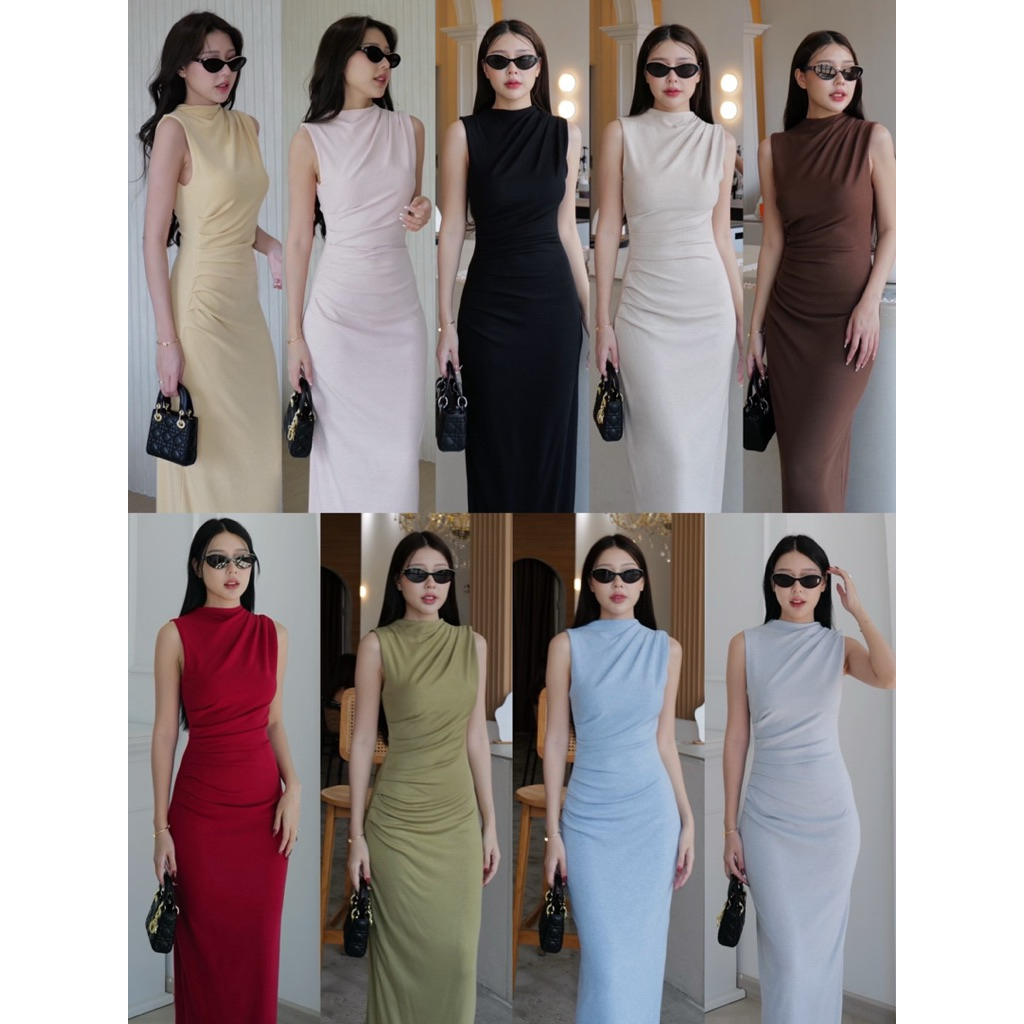 #9813 เดรสยาวคอชิดแขนกุด แต่งย่นไหล่และย่นตรงเอว intuon ชุดใส่ออกงาน
