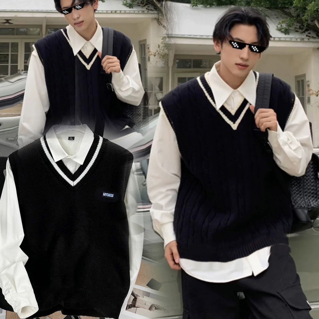 ( พร้อมส่ง ) เสื้อกั๊กไหมพรม ผู้ชาย คอวี ลายเรียบๆสไตล์เกาหลี ขนาด Freesize สวมใส่สบาย เสื้อกั๊กแฟชั่นใหม่ ฤดูใบใบผลิ  ✨