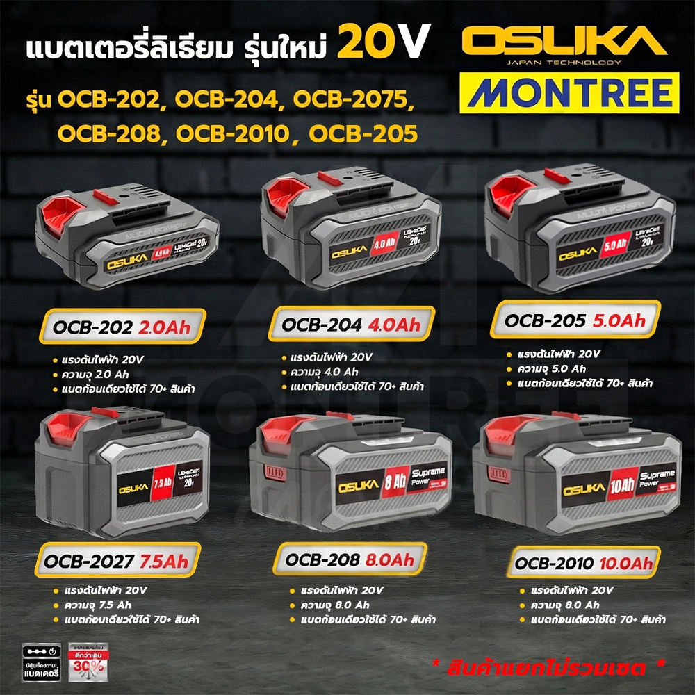 [G] แบตเตอรี่ลิเธียม OSUKA ขนาด 2,4,7.5,8,10 Ah 20V เลือกได้ แบต สินค้าแยกขายไม่รวมเซต โดย Montree More