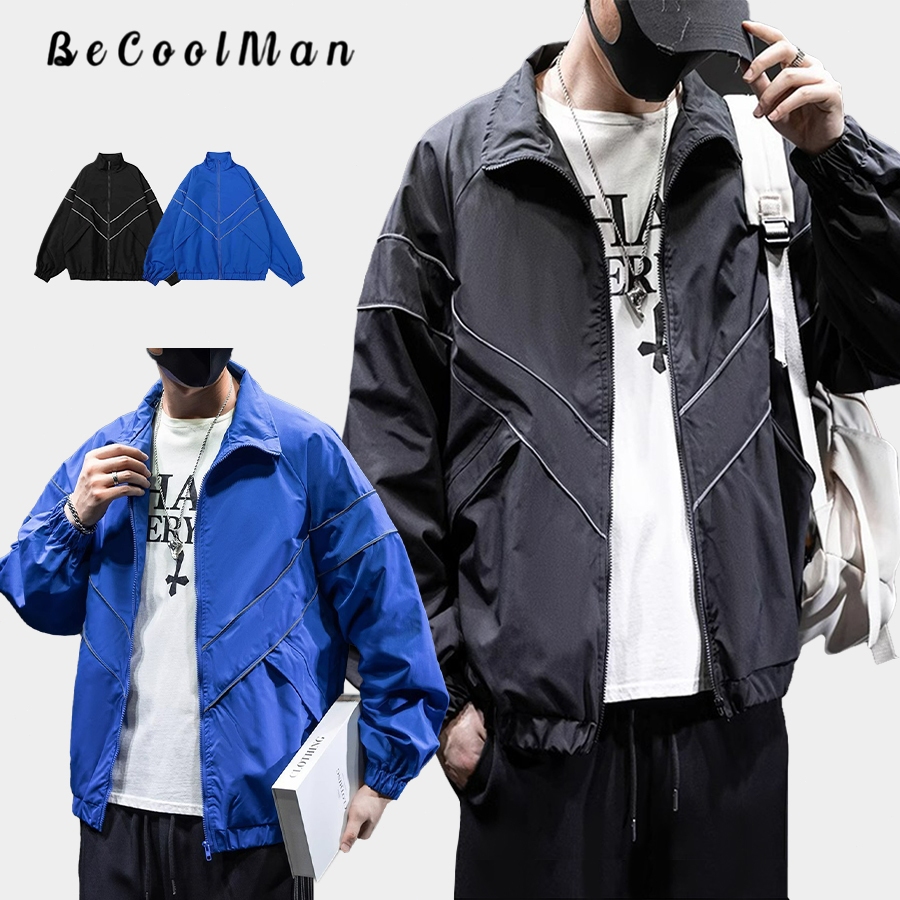 💥BecoolMan💥แจ็กเก็ตคอปกสำหรับฤดูใบไม้ร่วงและฤดูหนาว ดีไซน์ตัดเย็บด้วยลายเส้น ลำลอง ใส่ได้ทั้งชายและหญิง ทรงหลวม เหมาะสำหรับกีฬา