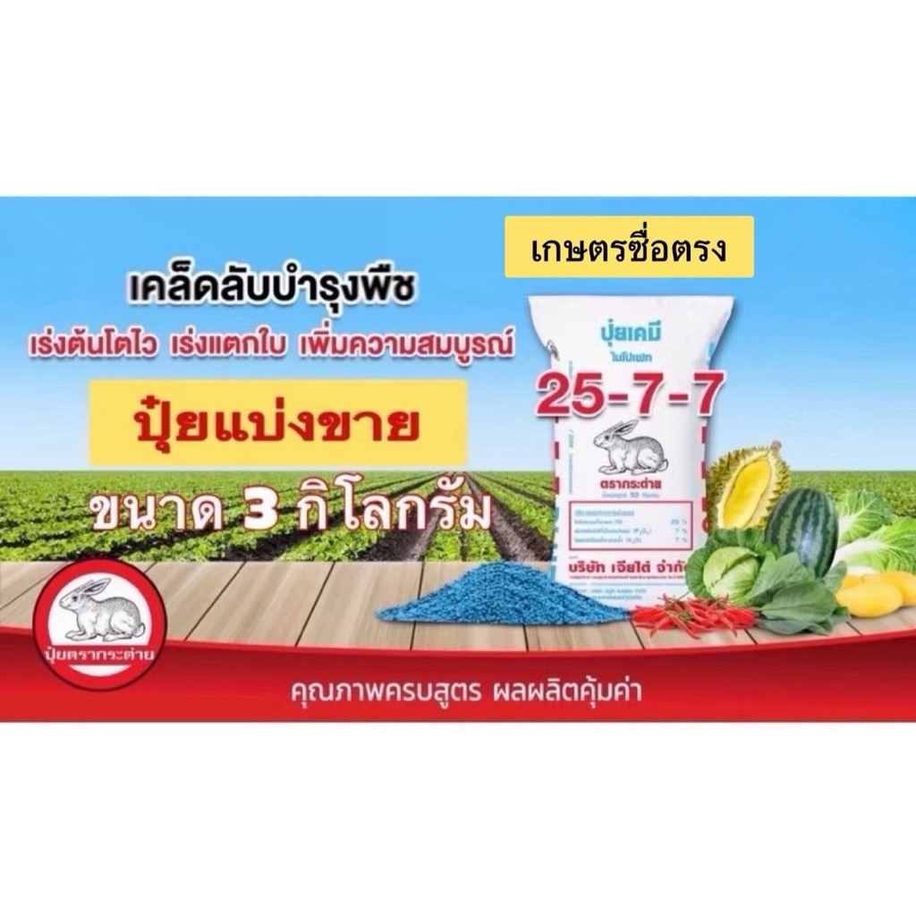 ปุ๋ยตรากระต่าย สูตร 25-7-7 เม็ดสีฟ้า แบ่งขาย 3 กิโลกรัม  เร่งให้โตไว ใบงาม รากแข็งแรง