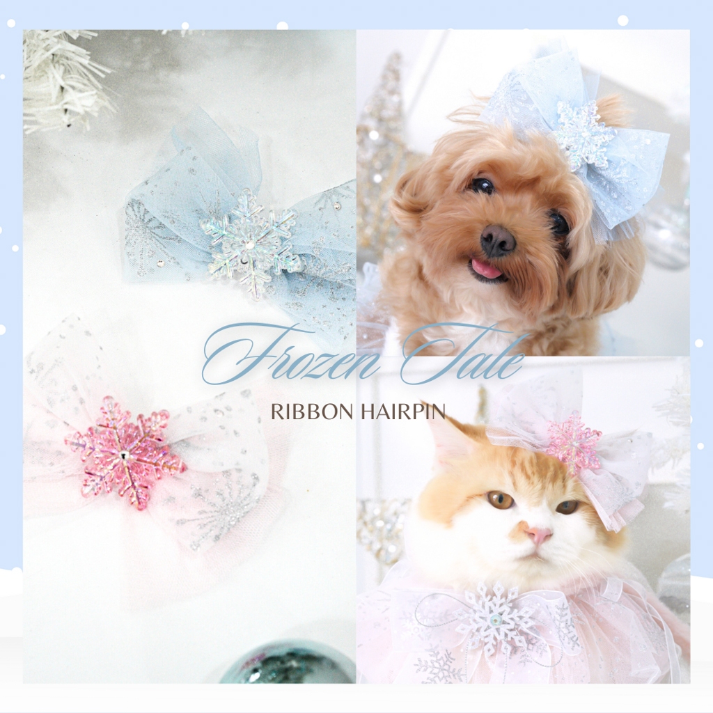 กิ๊บโบว์หมาแมวเจ้าหญิงหิมะ 041 Frozen Tale Ribbon Hairpin - กิ๊บโบว์เจ้าหญิงสัตว์เลี้ยง เรซิ่นลายหิมะสุดน่ารัก