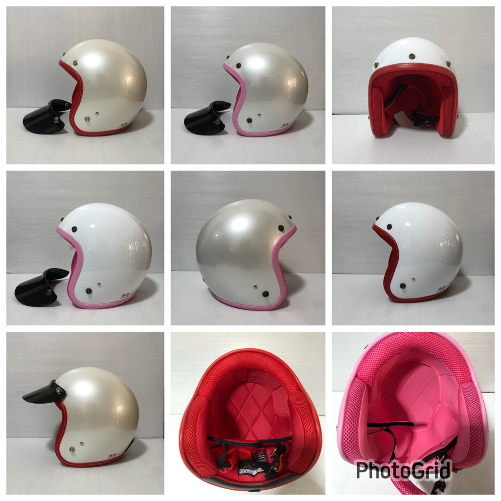 หมวกกันน็อคแนววินเทจ สีขาวมุก (ขอบยางเดินด้าย)ถอดซักได้