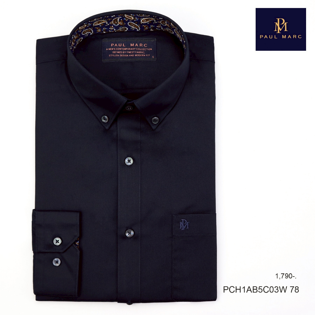 PAUL MARC เสื้อเชิ้ตสีกรมท่า signature twill ปก button down slim fit นุ่ม รีดง่าย ยับยาก PCH1AB5C03W