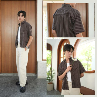เสื้อเชิ้ตครอปลายริ้ว Unisex Prompt Striped crop แขนสั้น/แขนยาว มีไซส์ อก40"/44"/48" เสื้อเชิ้ตครอปผู้ชาย