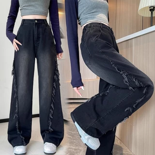 S~5XL Baggy jeans for women กางเกงยีนส์วินเทจสีดำ กางเกงขายาวทรงตรงดีไซน์ขอบดิบสุดเทรนด์ กางเกงยีนส์ขากว้างแบบลำลอง HOT