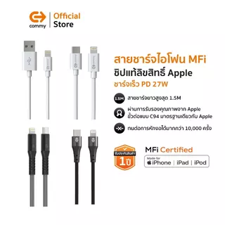 Commy สายชาร์จ MFI ชิปแท้ สำหรับไอโฟน iPhone มีมาตรฐาน รองรับชาร์จไว PD 27W สาย Premium ทนทาน