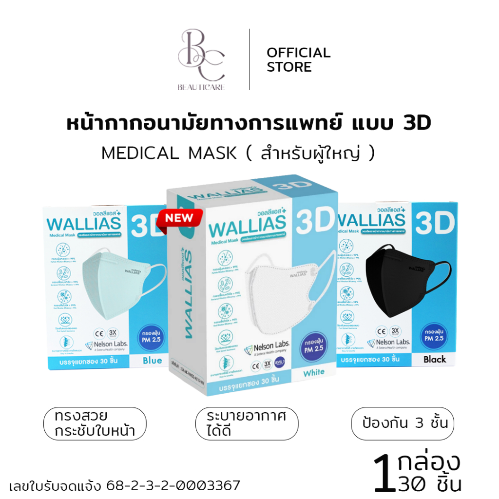 BEAUTICARE หน้ากากอนามัยทางการแพทย์ Medical Mask แมสก์ 3D ทรงสวย ใส่สบาย  ป้องกันฝุ่น PM2.5 สินค้าพร้อมส่ง