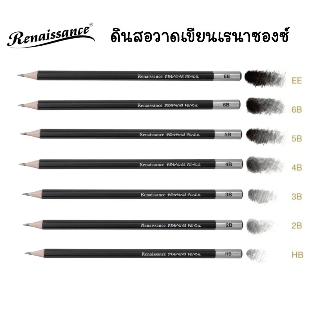 Renaissance ดินสอวาดเขียน Drawing Pencils ความเข้ม HB, 2B, 3B, 4B, 5B, 6B, EE (ราคาต่อ 1 แท่ง)