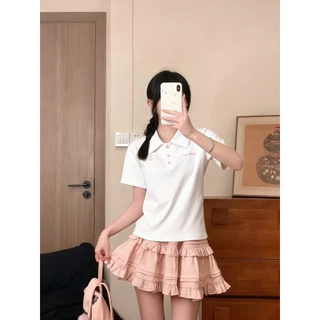 SuperCandy🌷เสื้อโปโล/เสื้อยืดปักตัวอักษรสีแอปริคอต สำหรับผู้หญิง สีพื้น แขนสั้น สไตล์ฤดูร้อน