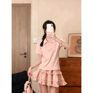 SuperCandy🌷เสื้อโปโล/เสื้อยืดปักตัวอักษรสีแอปริคอต สำหรับผู้หญิง สีพื้น แขนสั้น สไตล์ฤดูร้อน