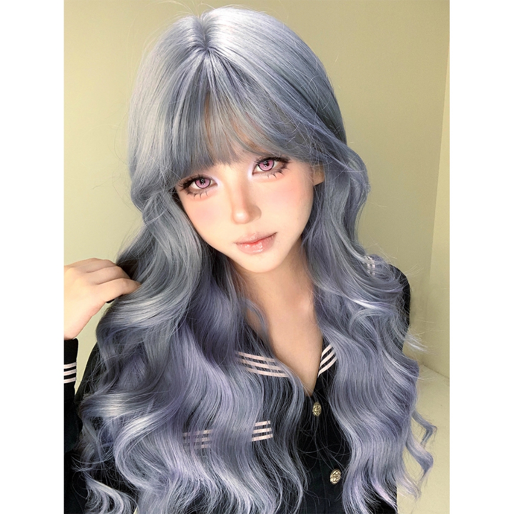 GDS Wigs วิกผมลอนคลื่นเล็กสีเทาฟ้า มีหน้าม้า (ยาว 67 cm) แถมเน็ตผม