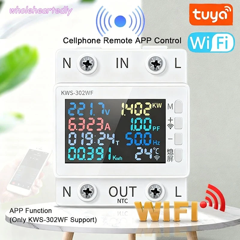 Tuya 8in1 WIFIสมาร์ทเครื่องวัดพลังงานไฟฟ้า หน้าจอสี 2P AC 170-270V 63A รีโมทคอนโทรลแรงดันไฟฟ้าปกป้อง