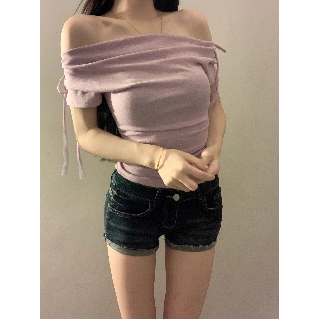 เสื้อยืดคอเต่าสีม่วงแขนสั้นสไตล์เกาหลี สไตล์สาวหวาน ดีไซน์ใหม่รับซัมเมอร์ เสื้อสั้นเข้ารูป ใส่ได้หลากหลายโอกาส