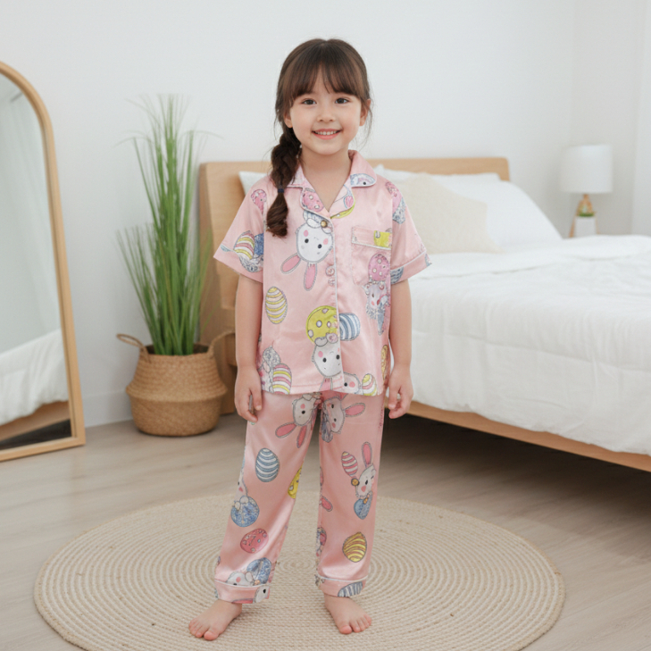 Babyonline(Y560)2J5 (ส่งด่วน1วัน) ชุดนอนผ้าซาตินเด็กผู้ชายและเด็กผู้หญิงแขนสั้นกางเกงขายาว ผ้านุ่ม ลื่น ใส่สบาย