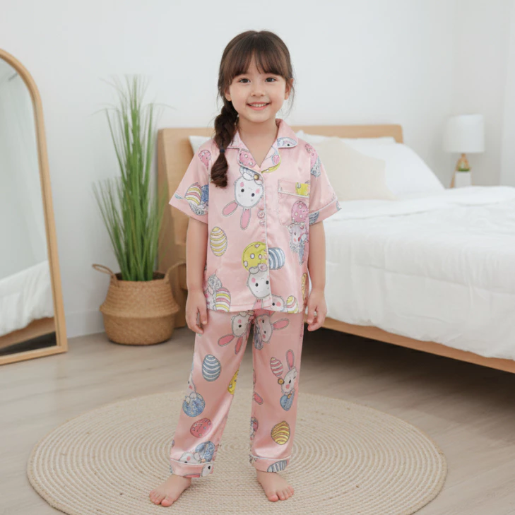 Babyonline(Y560)2J5 (ส่งด่วน1วัน) ชุดนอนผ้าซาตินเด็กผู้ชายและเด็กผู้หญิงแขนสั้นกางเกงขายาว ผ้านุ่ม ลื่น ใส่สบาย