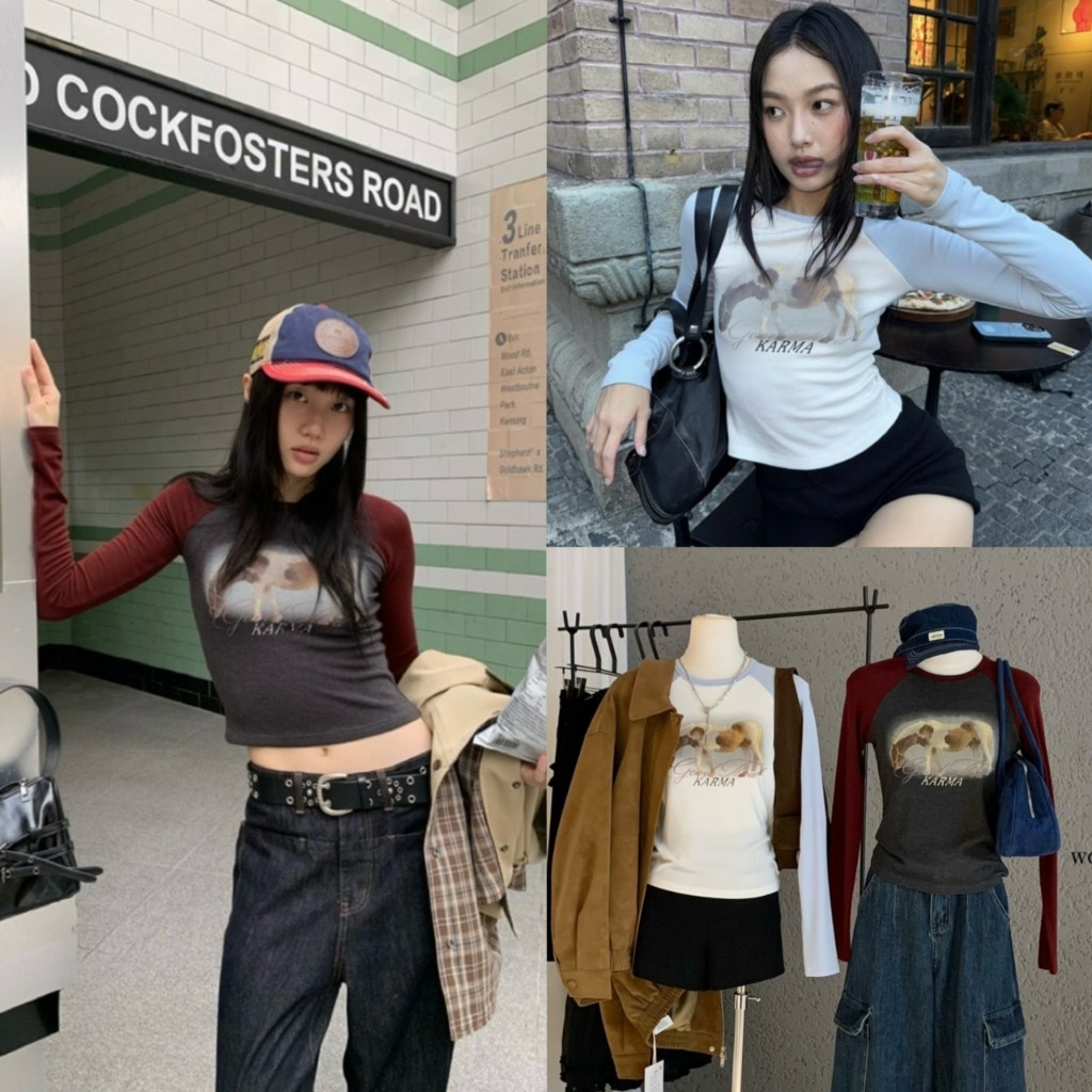 (พร้อมส่ง) เสื้อแขนยาวคอกลมแต่งสีช่วงแขนรุ่น W7956 TAG WG.WE 🇰🇷
