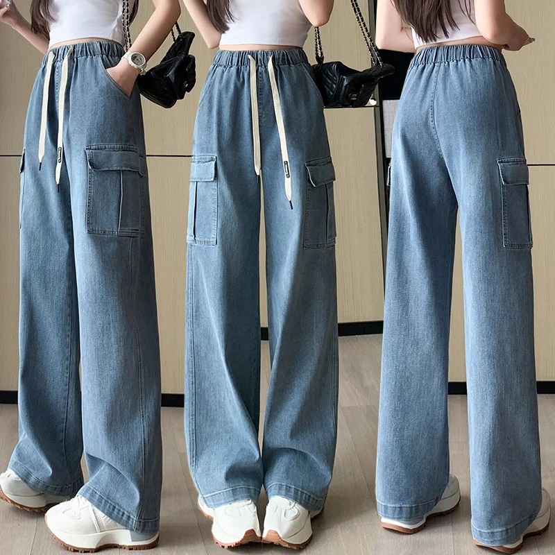 S~5XL Jeans Blue Elastic waistband pants กางเกงทรงตรงสีน้ำเงินแบบเทรนด์ กางเกงขายาวสวมสบาย Baggy jeans HOT