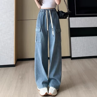 S~5XL Jeans Blue Elastic waistband pants กางเกงทรงตรงสีน้ำเงินแบบเทรนด์ กางเกงขายาวสวมสบาย Baggy jeans HOT