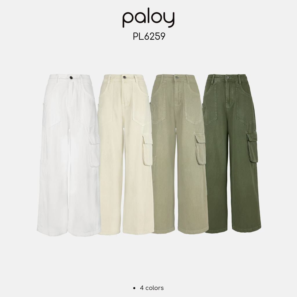 Paloy - PL6259 กางเกงยีนส์คาร์โก้สีขาว แต่งกระเป๋า (Cargo Jeans)
