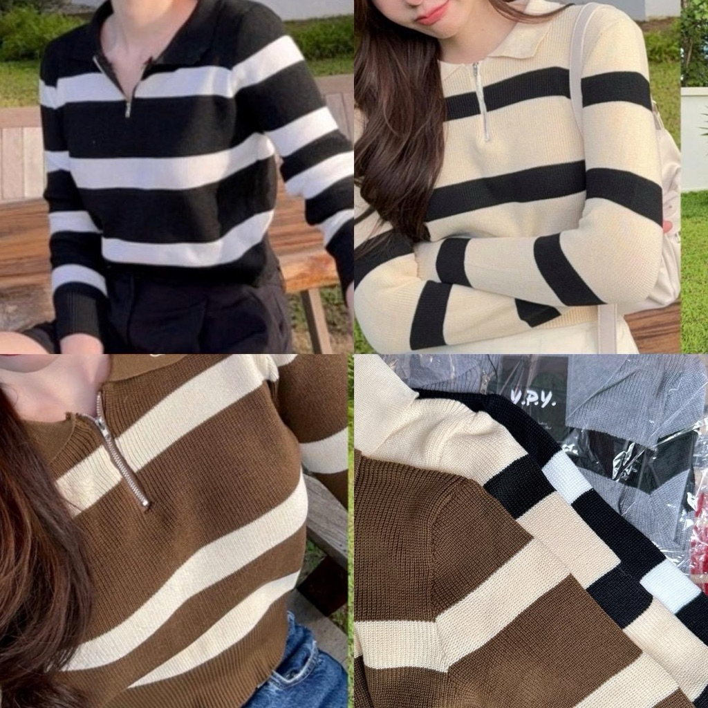 Zip knitเสื้อไหมพรมคอปกซิบเกาหลี งานป้าย (YP03)