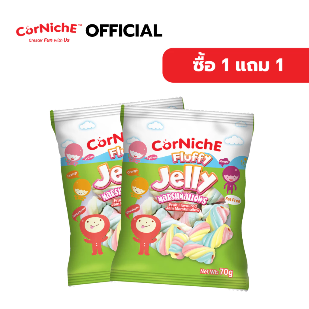 [1แถม1] CorNiche Fluffy Jelly Marshmallows คอร์นิช ฟลัฟฟี่ เจลลี่ มาร์ชเเมลโลว์ (ขนมมาร์ชเเมลโลว์สอดไส้แยมกลิ่นผลไม้)70g