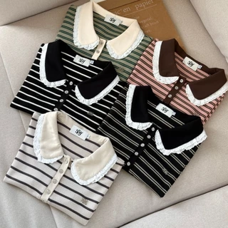 SISSY : เสื้อโปโลแขนสั้น (XS-XXL) คอบัวแต่งขอบลูกไม้ 2 ชั้น ปักอะไหล่เงิน ผ้าถัก cotton แมทซ์ง่ายทุกลุค