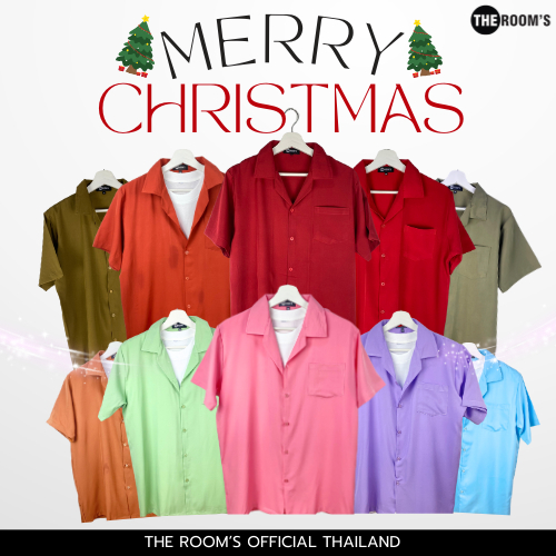 THE ROOM'S - เดอะรูม เสื้อฮาวาย แขนสั้น สีแดง สีเขียว ไม่ต้องรีด ธีม คริสต์มาส และ ปีใหม่